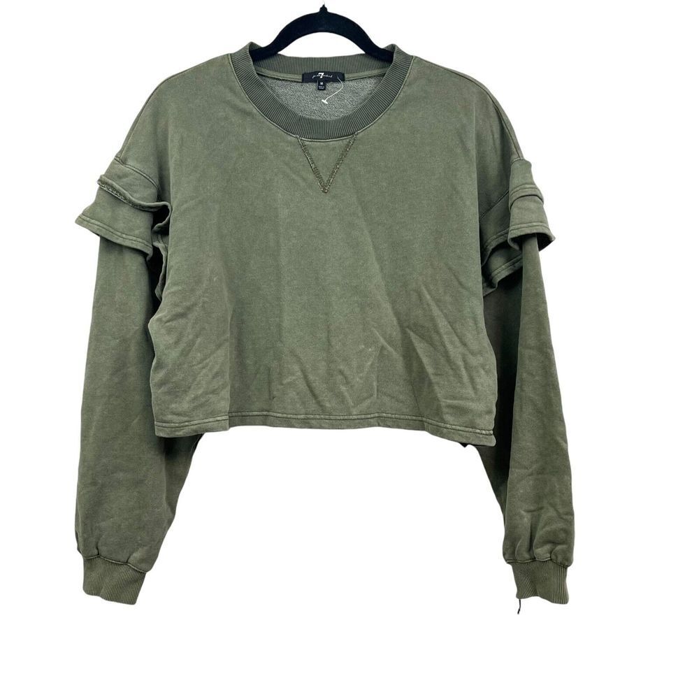 7 For All Mankind Women Crop Sweatshirt Crew Neck Long Ruffled Sleeve Green M*